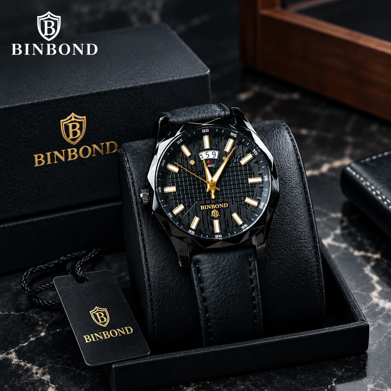 BINBOND Men’s Leather Strap Watch
